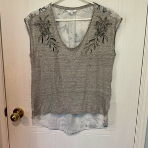Camber & Grace Mixed Media Top Womens M Gray Excellent Floral Linen Back Pleat
